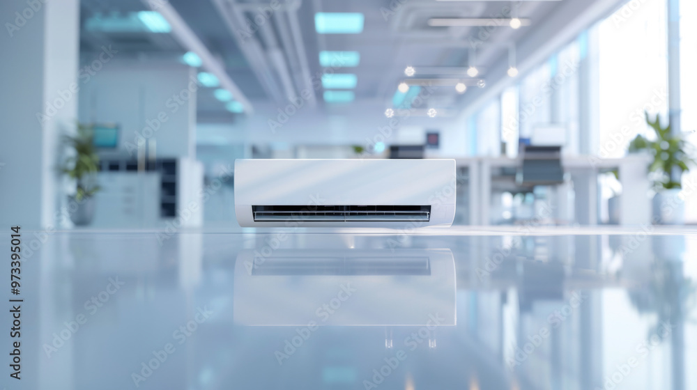 An air conditioning unit is positioned on a gleaming surface in a spacious office. The modern workspace features large windows, allowing natural light to fill the area An air conditioning unit is positioned on a gleaming surface in a spacious office. The modern workspace features large windows, allowing natural light to fill the area