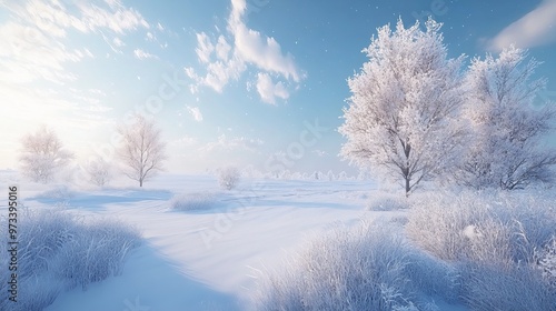 Snowy landscapes with vast white fields, untouched snow, and delicately snow-covered trees create a magical atmosphere of serenity and purity. 4K hyperrealistic.