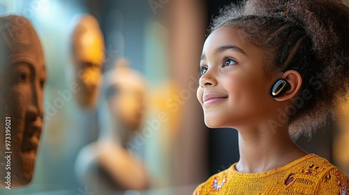 Immersive Museum Experience: Person with Hearing Aid Engaging in Educational Tour Among Historical Artifacts, Ultra HD Quality photo