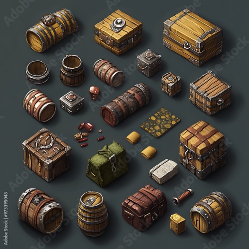 2D Isometric Game Asset Pack,  Wooden Barrels, Chests, and Boxes photo