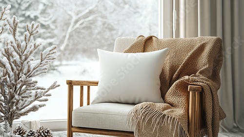 Winter mockup of a plain pillow on a cozy armchair by a snow-covered window, with a warm blanket and holiday decor nearby, ideal for home decor designs. 4K hyperrealistic photo.