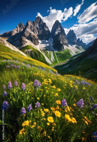 breathtaking view towering mountains surrounded expansive valleys under clear blue sky, adventure, exploration, landscape, scenery, nature, wilderness photo