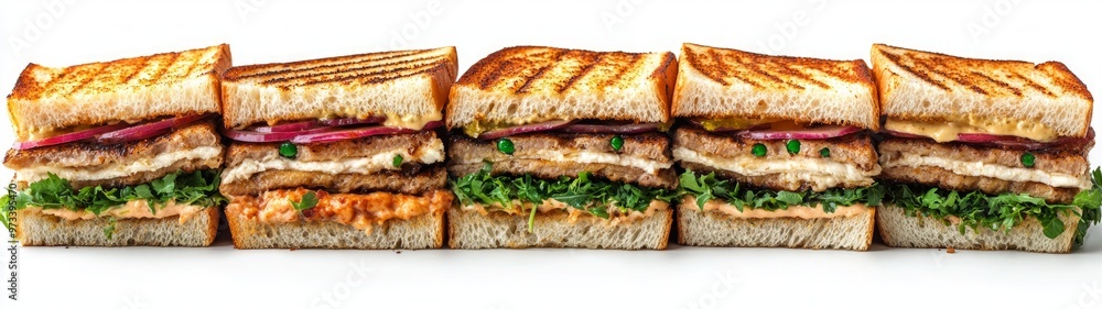 Gourmet Grilled Sandwiches Display, an appetizing arrangement of stacked gourmet grilled sandwiches on a clean white background, showcasing their layers and textures invitingly Gourmet Grilled Sandwiches Display, an appetizing arrangement of stacked gourmet grilled sandwiches on a clean white background, showcasing their layers and textures invitingly