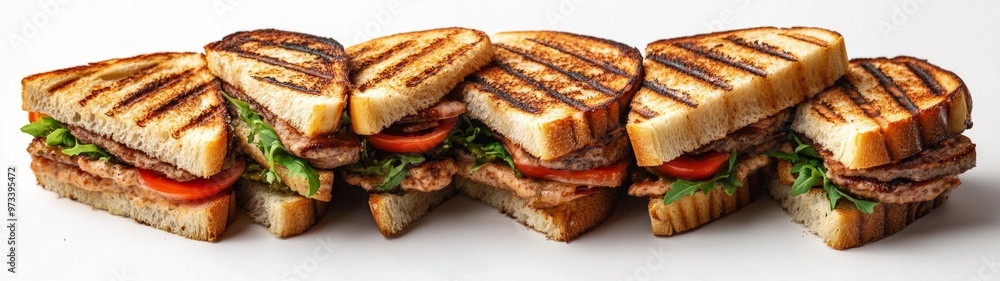 Gourmet Grilled Sandwich Stack, a mouthwatering display of artisanal sandwiches layered high, featuring vibrant ingredients, set against a pristine white backdrop for visual appeal. Gourmet Grilled Sandwich Stack, a mouthwatering display of artisanal sandwiches layered high, featuring vibrant ingredients, set against a pristine white backdrop for visual appeal.
