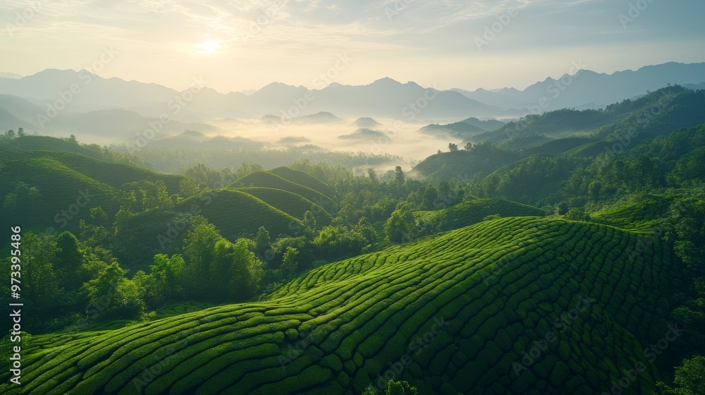 Serene Aerial View of Expansive Tea Plantation Nestled in Lush Mountain Landscape Serene Aerial View of Expansive Tea Plantation Nestled in Lush Mountain Landscape