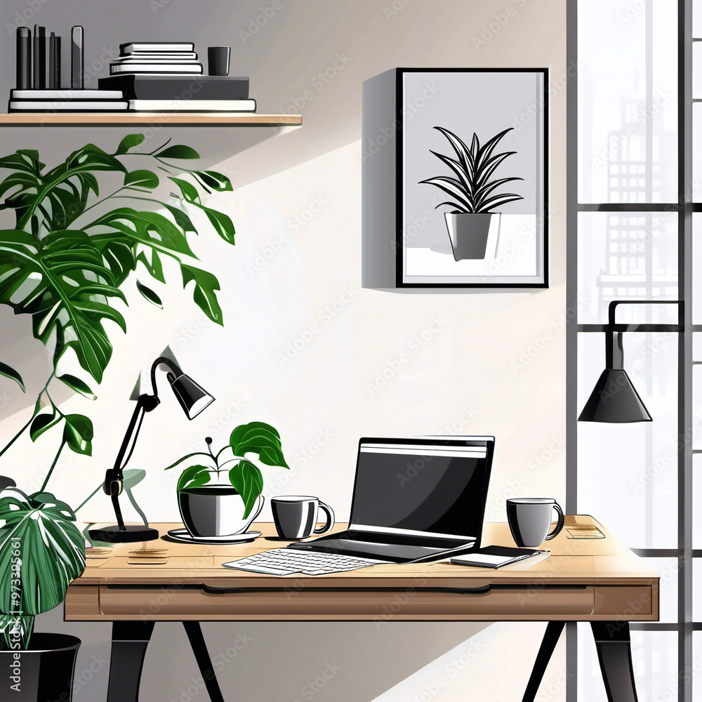 Fototapeta premium office desk with laptop and coffee