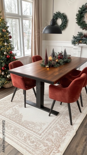 The dining area features a modern table with vibrant red chairs, complemented by a sleek black pendant light, and adorned with minimalistic Christmas decor for a festive touch