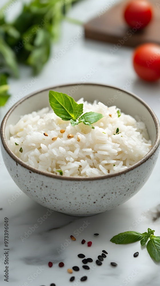 White Rice Dish Topped with Colorful Vegetables and Fresh Herbs White Rice Dish Topped with Colorful Vegetables and Fresh Herbs
