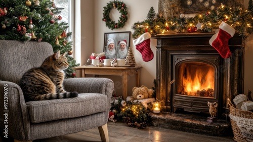 A warm Christmas living room features a crackling fireplace, decorated trees, Santa Claus embellishments, and a cat relaxing next to gifts as snow gently falls outside