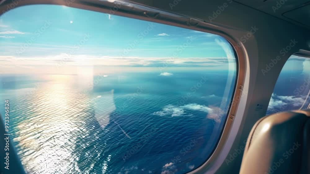 Enjoy the stunning view from a private jet window soaring over the ocean under a blue sky with fluffy clouds. Feel the freedom and adventure of this luxurious travel Enjoy the stunning view from a private jet window soaring over the ocean under a blue sky with fluffy clouds. Feel the freedom and adventure of this luxurious travel