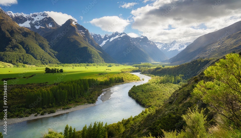 Peaceful River Meandering Through Verdant Valley, Framed by Majestic Peaks Peaceful River Meandering Through Verdant Valley, Framed by Majestic Peaks