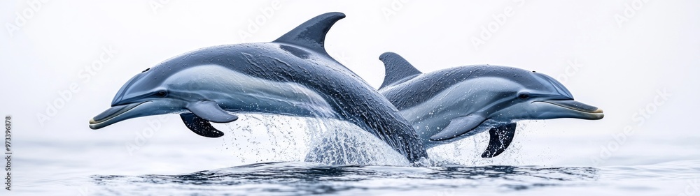 Fototapeta premium Graceful Dolphins in Motion, elegant dolphins gliding through azure waters, showcasing their streamlined bodies and playful nature, set against a serene, minimal backdrop.