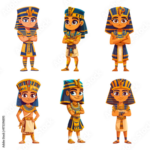 Cartoon pharaohs. Cute pharaoh child boy characters, young egyptian king or god egypt mythology mascot africa history person vector illustration