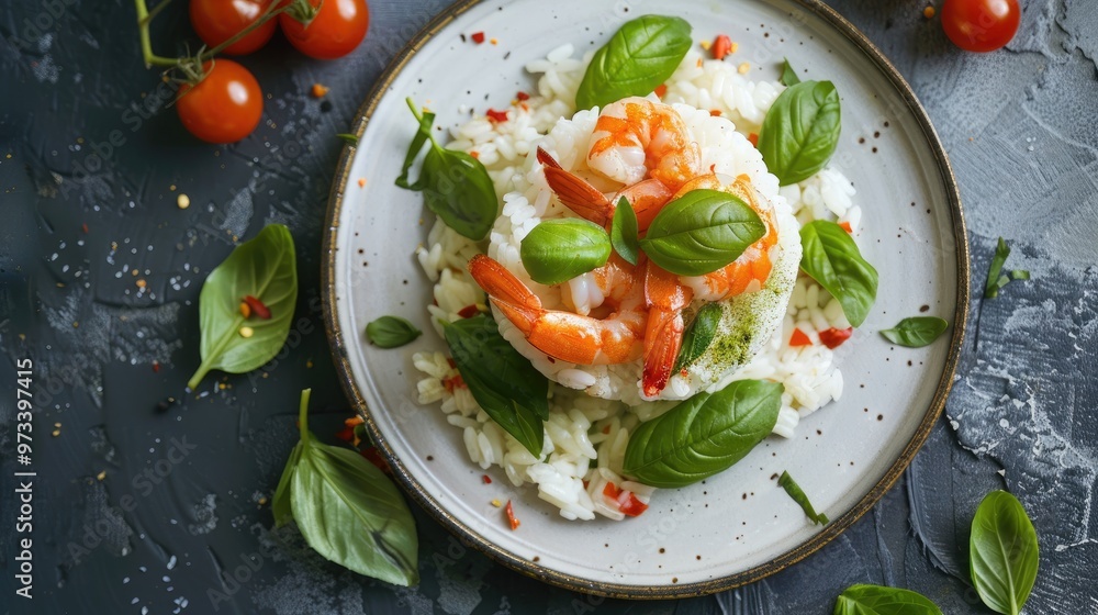 Shrimp and basil on white puffed rice cake top down view Shrimp and basil on white puffed rice cake top down view