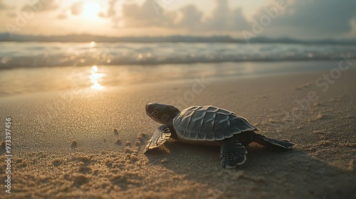 A baby sea turtle crawls towards the ocean at sunrise on a sandy beach.