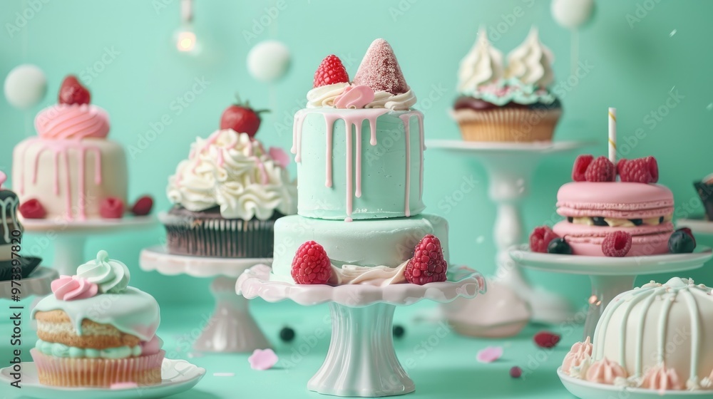 Tasty cakes on mint backdrop Tasty cakes on mint backdrop