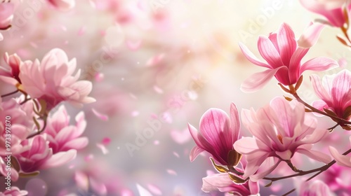 Springtime background with blooming pink magnolia flowers