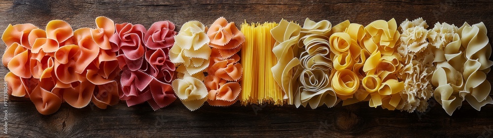 Hand-Rolled Pasta Display, a full-body arrangement of artisanal pasta on a rustic wooden table, showcasing the texture and craftsmanship against a clean white backdrop. Hand-Rolled Pasta Display, a full-body arrangement of artisanal pasta on a rustic wooden table, showcasing the texture and craftsmanship against a clean white backdrop.