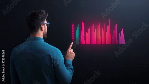 A man analyzes digital data on a screen, showcasing colorful bar graphs and statistics in a high-tech environment.