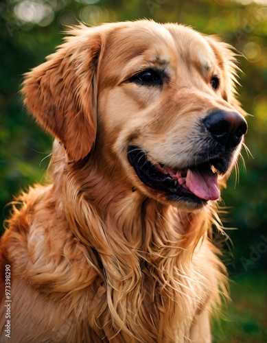 Adorable golden retriever dog with a joyful expression, showcasing its fluffy fur and happy demeanor. The lush green background highlights the dog's golden coat, creating a heartwarming scene.