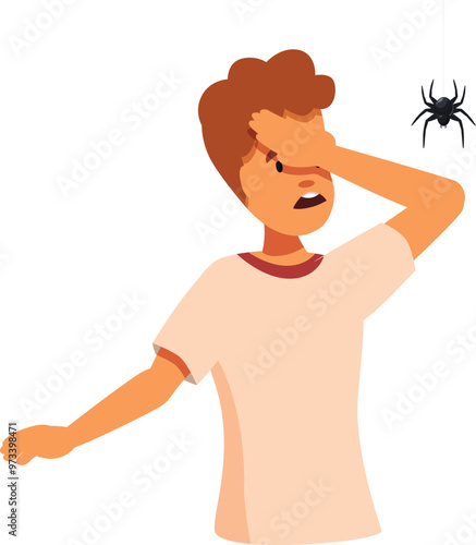 Scared boy is covering his face from a spider hanging on its web, expressing fear and disgust