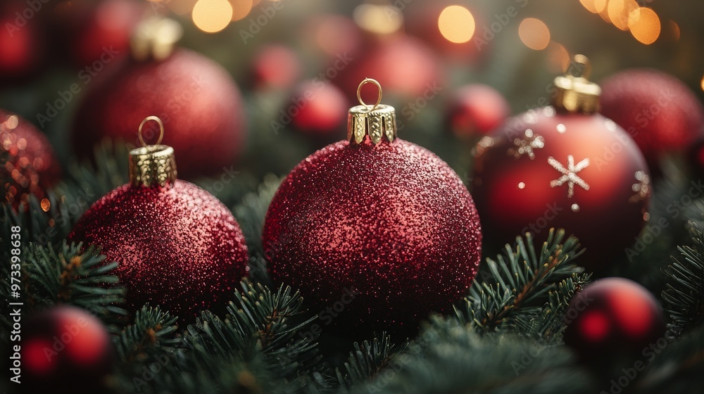 Sparkling Red Christmas Ornaments are arranged on Evergreen Branches, enhancing the holiday spirit Sparkling Red Christmas Ornaments are arranged on Evergreen Branches, enhancing the holiday spirit