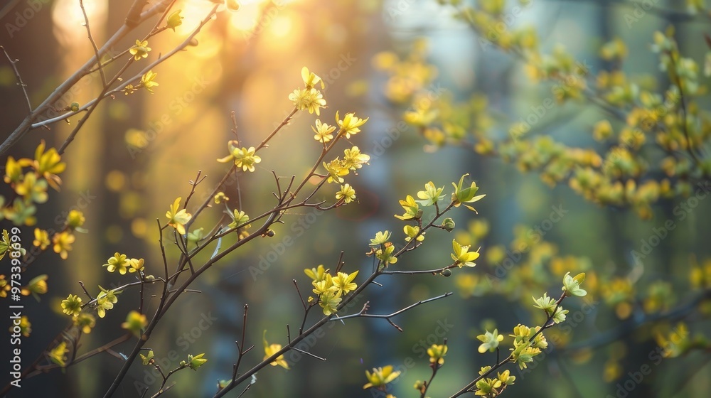 Spring awakening in the forest trees buds blooming under sunlight Spring awakening in the forest trees buds blooming under sunlight