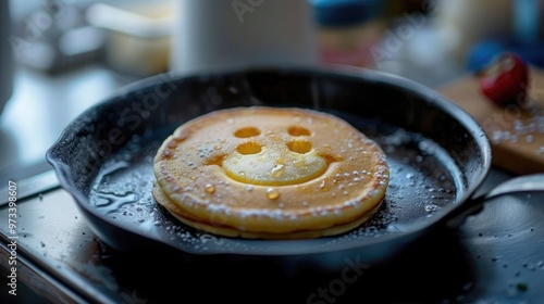 Smiley faced pancake cooking in kitchen on frying pan photo