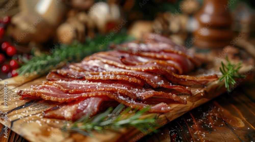 Tasty homemade bacon slices in Slavic style Tasty homemade bacon slices in Slavic style