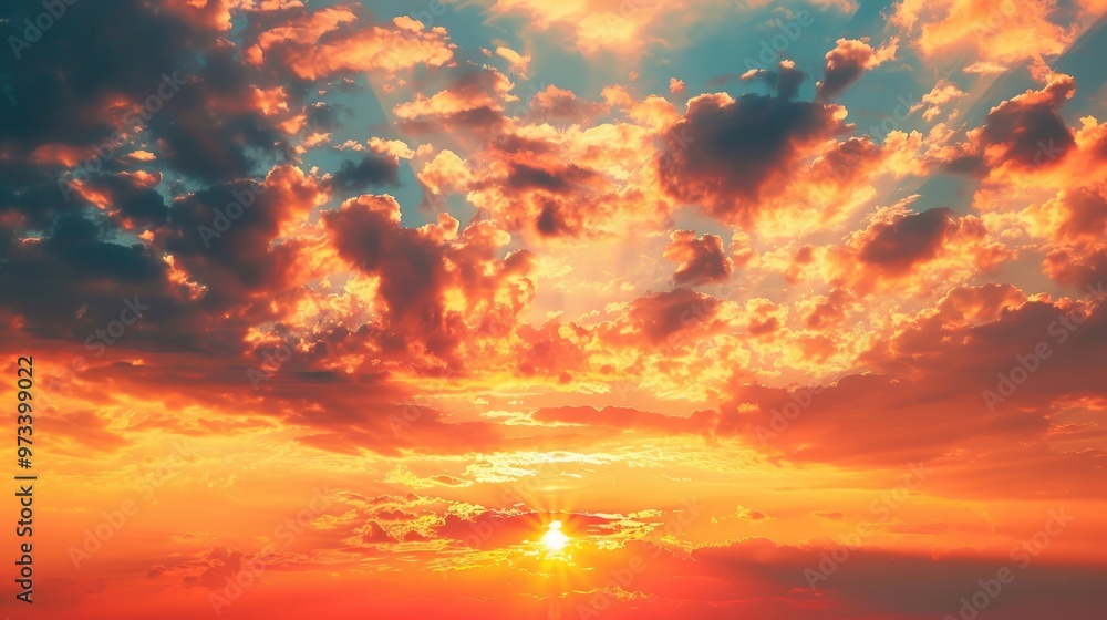 Fototapeta premium Summer evening s orange sunset sky with clouds in nature