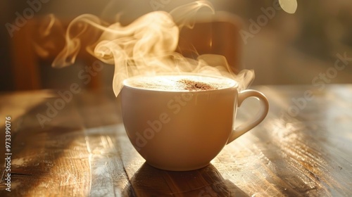 Steaming cup of cappuccino and tea photo