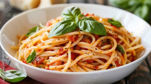 Spicy bacon and basil spaghetti in a white bowl