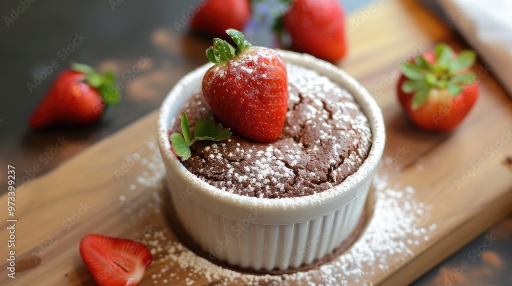Strawberry topped chocolate souffle Strawberry topped chocolate souffle