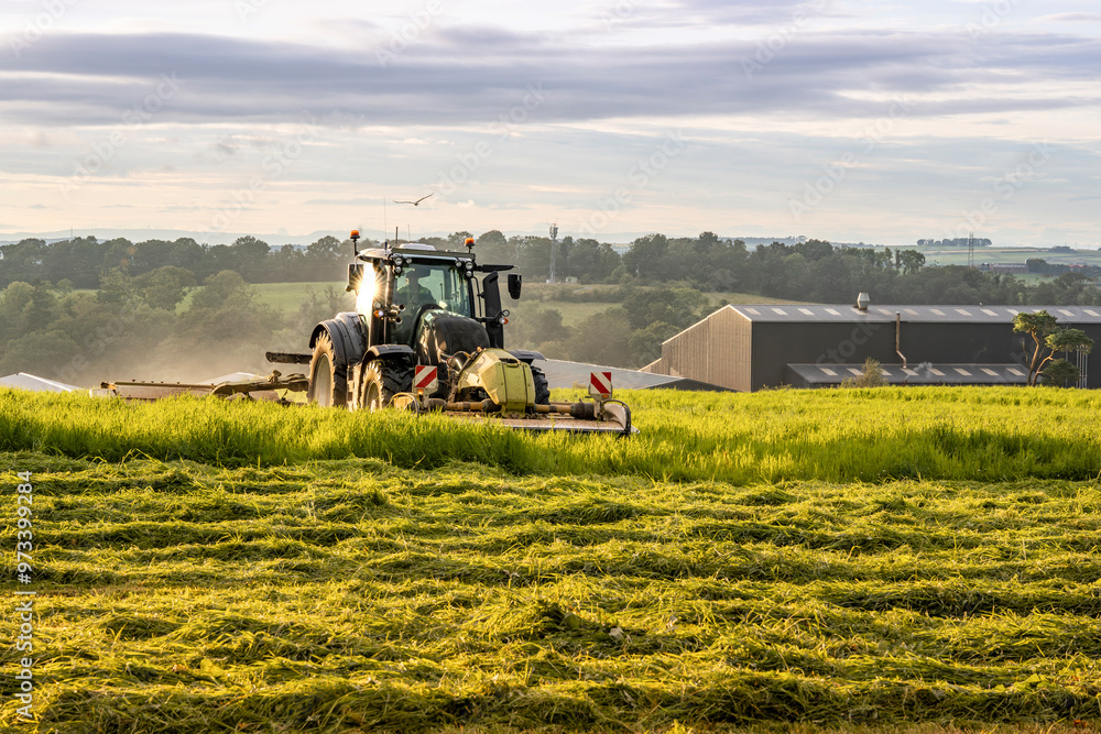 Obraz premium DRONGAN, UK - JULY 22, 2024: Farm tractor and mower cutting hay field at sunset