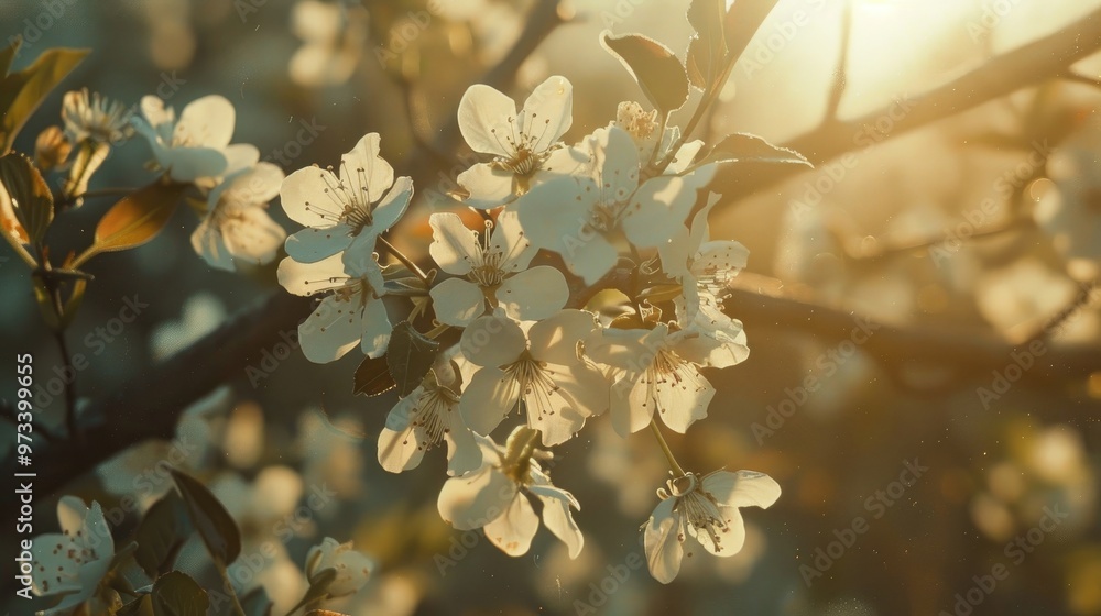 Sunlit small white tree blossoms Sunlit small white tree blossoms