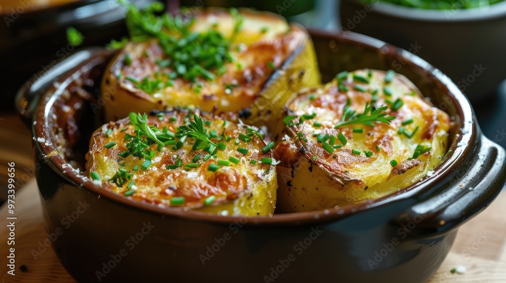Table served baked potato dish Table served baked potato dish