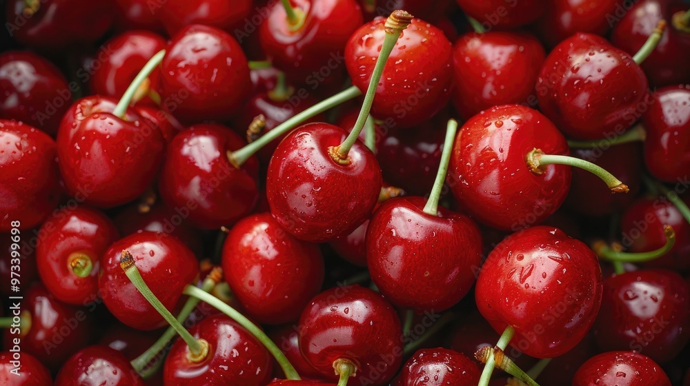 Tasty organic red cherries with green stems background Tasty organic red cherries with green stems background