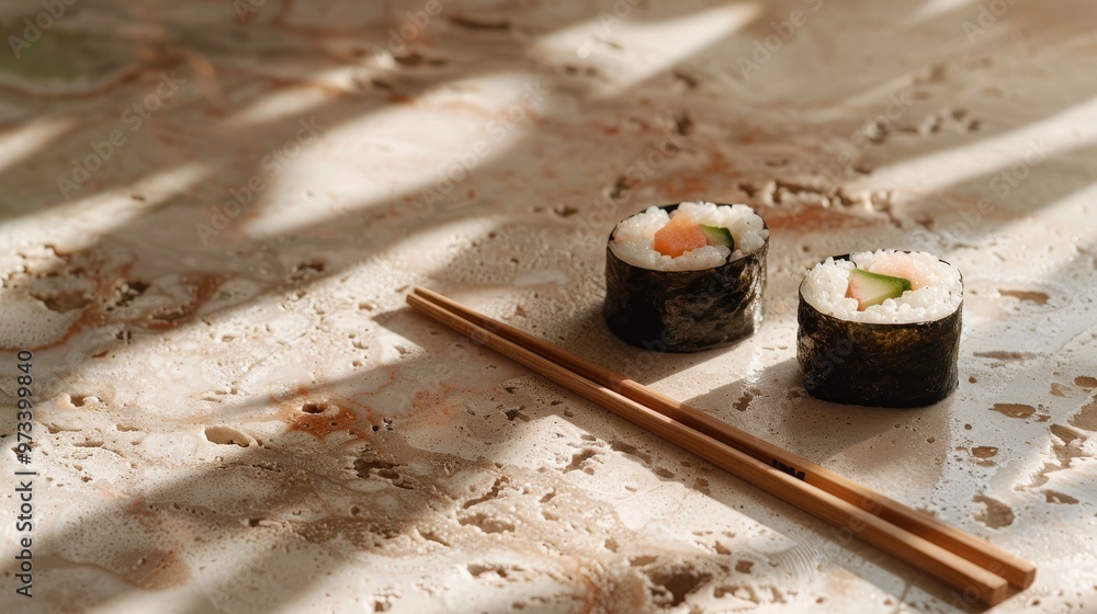 Sushi with eel on beige marble with chopsticks Sushi with eel on beige marble with chopsticks