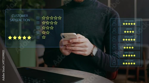 Close-up of hands and smartphone, restaurant service quality assessment, cafe service rating. Customer service rating and satisfaction. An application for evaluating reviews.