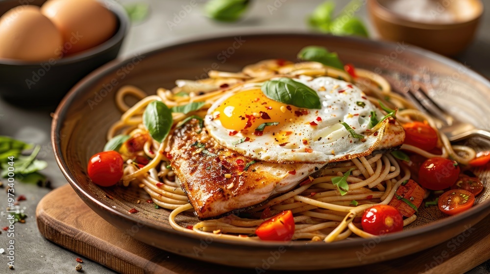 Spicy snapper stir fry with spaghetti on brown plate and fried egg Spicy snapper stir fry with spaghetti on brown plate and fried egg