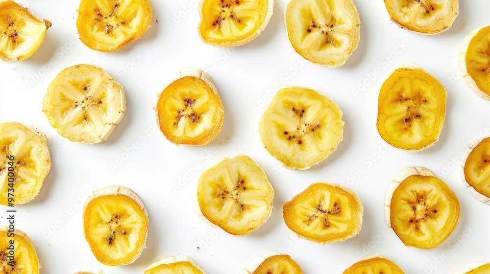 Sweet banana slices on white background nutritious dried fruit option Sweet banana slices on white background nutritious dried fruit option