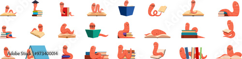 Bookworm icons set. Bookworm character set. Cute worm reading books and gaining knowledge in different poses and situations. Vector illustration set