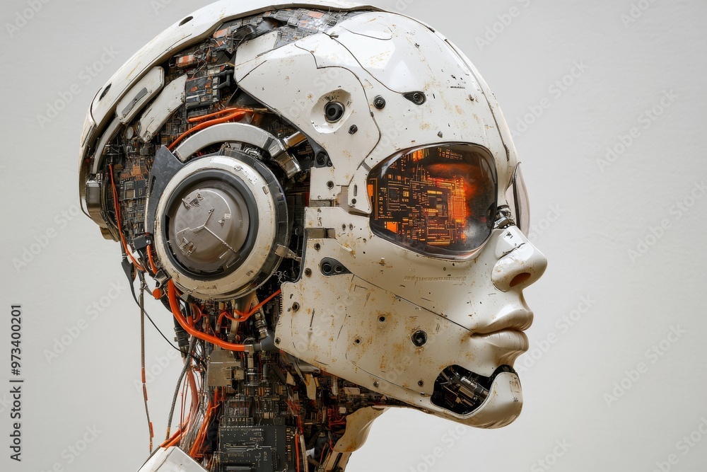 Mechanical cortex biohybrid system sensory substitution robotic feedback and molecular computation side profile of a humanoid robot with mechanical jaw and advanced circuitry Mechanical cortex biohybrid system sensory substitution robotic feedback and molecular computation side profile of a humanoid robot with mechanical jaw and advanced circuitry