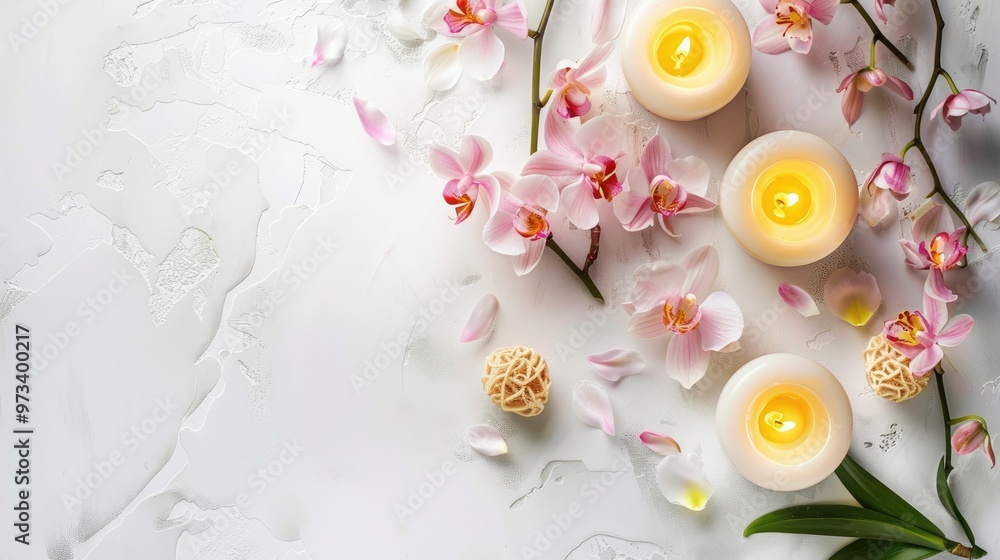 Spa theme with scented candles orchid flowers on white backdrop Top view with room for text Spa theme with scented candles orchid flowers on white backdrop Top view with room for text