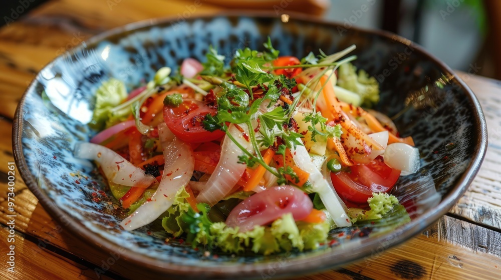 Tasty salad made with iceberg lettuce tomato carrot marinated white asparagus and onion Tasty salad made with iceberg lettuce tomato carrot marinated white asparagus and onion
