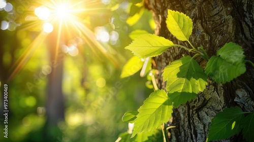 Sunlight illuminating green leaves on a tree in natural surroundings