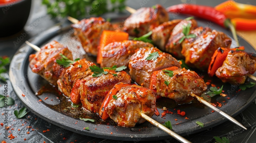 Skewered meat seasoned with paprika for a delicious taste Skewered meat seasoned with paprika for a delicious taste