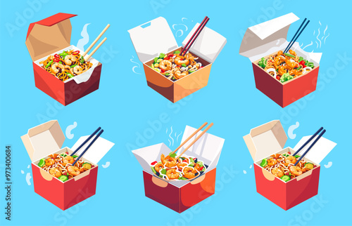 Chinese food boxes. Asian noodle meal in open cardboard box, china or japanese cookery lunch container and chopstick, set vector illustration
