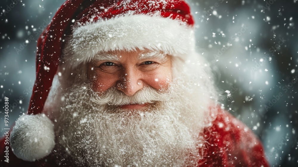 Jolly Santa Claus with a big smile, surrounded by beautiful snowflakes during winter Jolly Santa Claus with a big smile, surrounded by beautiful snowflakes during winter