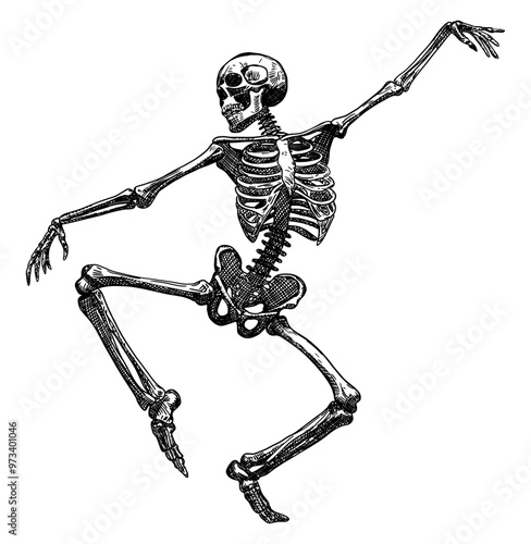 skeleton dancing isolated hand drawn sketch dynamic pose halloween card design element line art detailed vector illustration